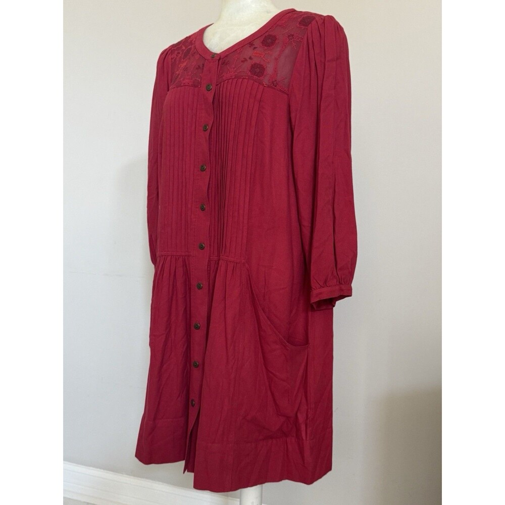 Anthropologie Women’s Dress Deep Red Embroidered 3/4 Sleeves Boho M